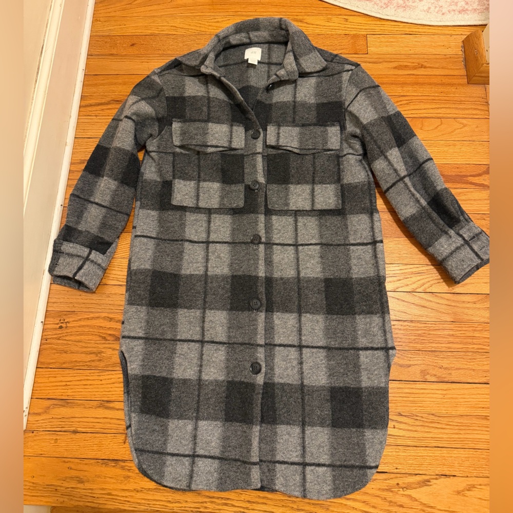 H&M Plaid Shacket Coat XS Gray Black Long Overshirt Jacket - Picture 2 of 12